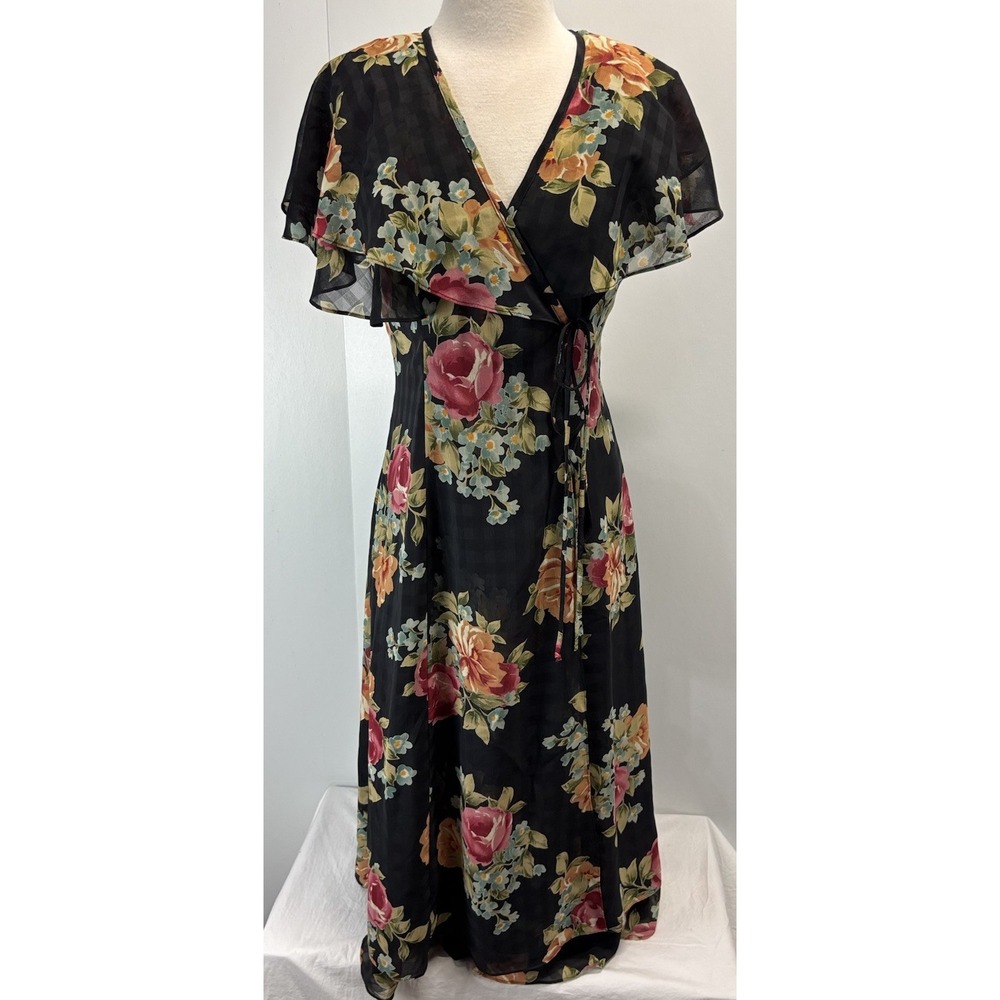 Vtg Wild Rose Dark Floral Wrap Midi Dress Sz 6 Romance Cottagecore Made USA